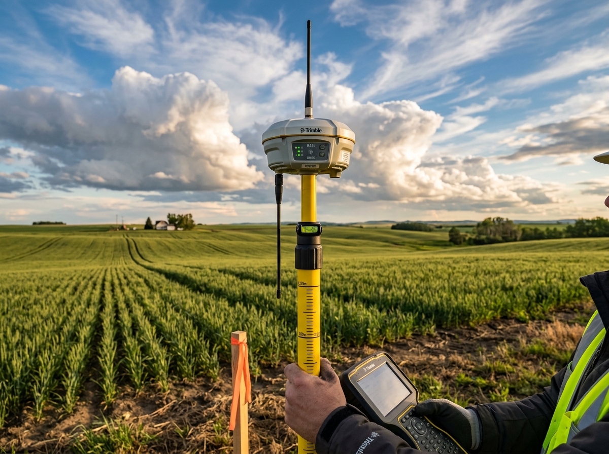 Odbiornik GNSS RTK Trimble na statywie w polu - specjalistyczne pomiary geodezyjne Wrzesnia